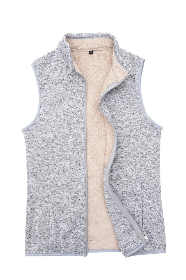 Front view of a women's light gray fleece vest with sherpa lined
