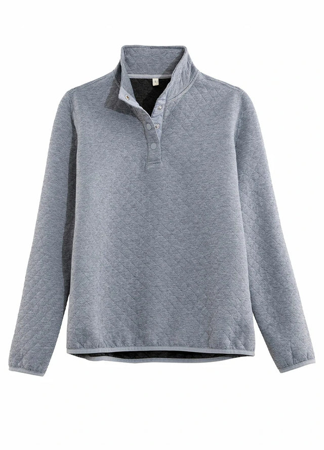 Front view of a women's light gray heather 1/4 fleece quilted shirt pullover