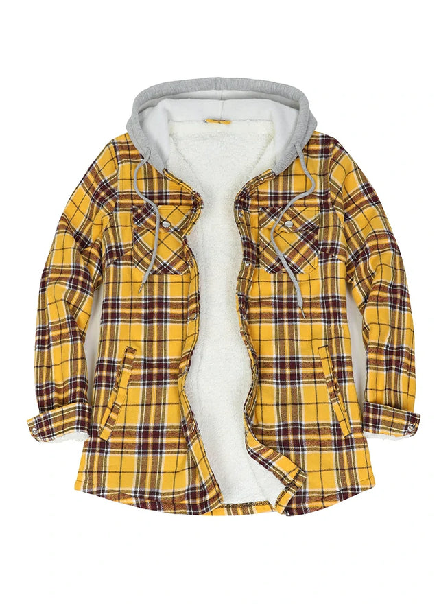Open view of a womens winter yellow plaid flannel hooded with shaerpa lined