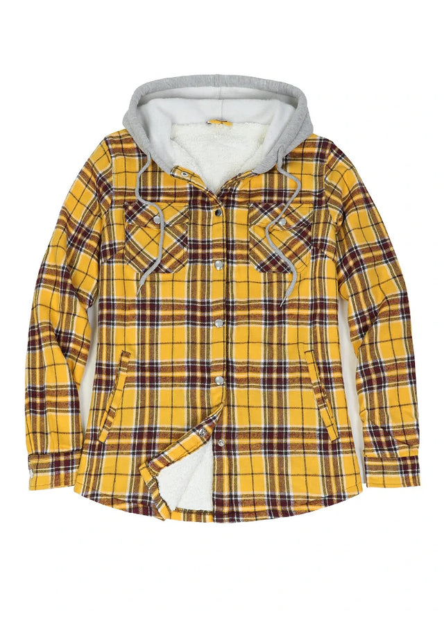 Front view of a women's light yellow snap flannel plaid hooded jacket