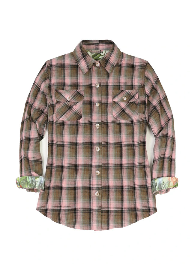 Front view of a women's long sleeve printed soft pink flannel shirt