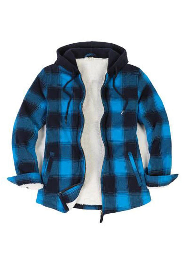 Front view of a women's blue plaid flannel shirt jacket with fleece hood