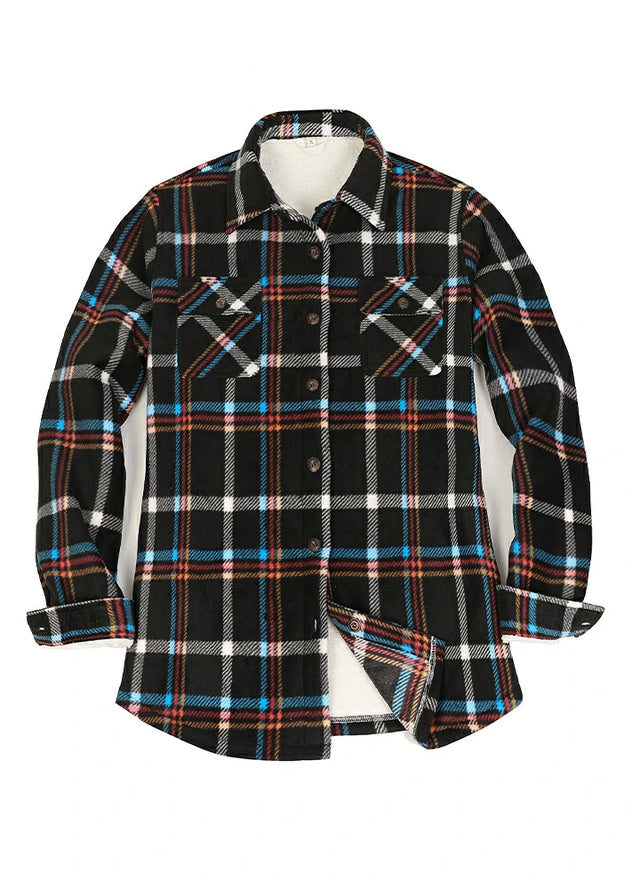 Front view of a women's black button up plaid shacket with sherpa lined