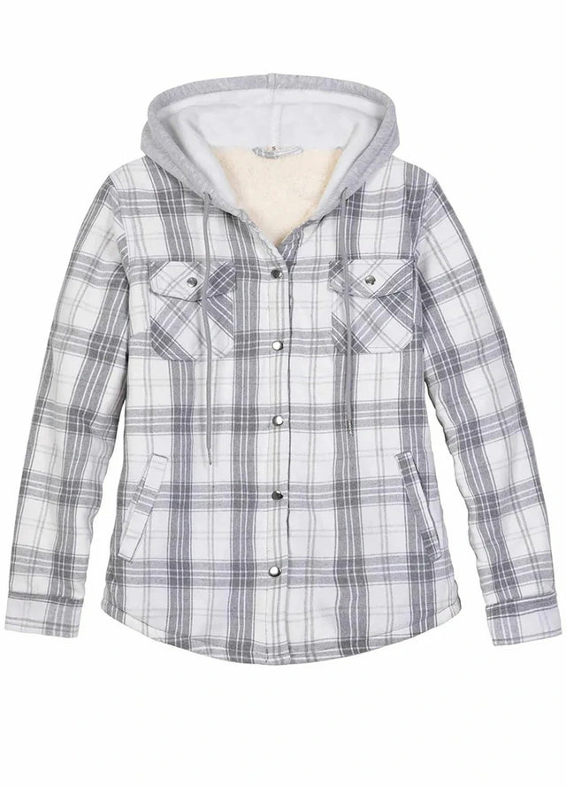 Front view of a women's white plaid sherpa-lined flannel jacket with hood