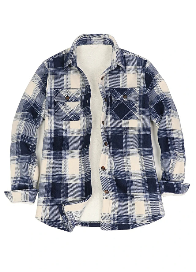 Front view of a women's blue black sherpa-lined plaid shirt jacket