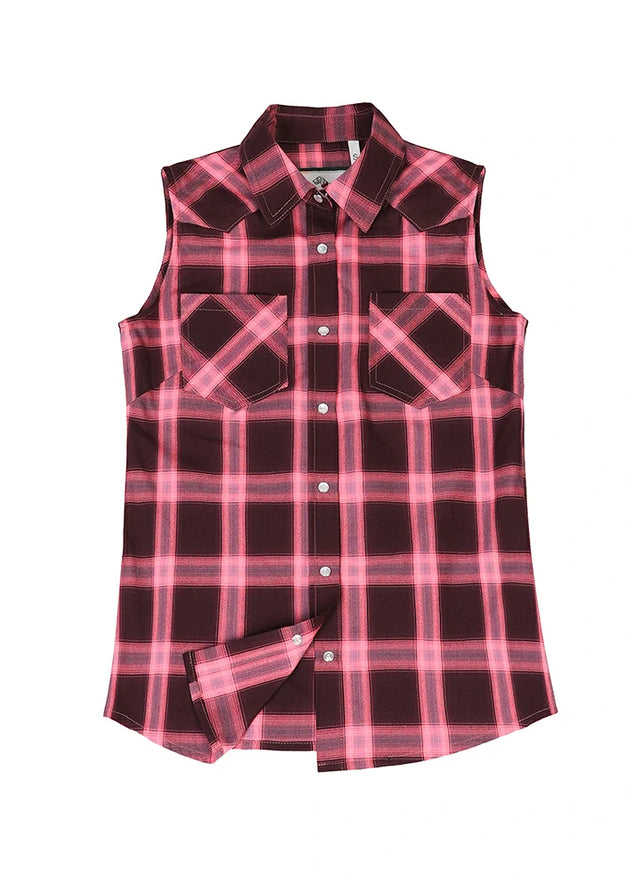 Front view of a women's pink black plaid summer soft sleeveless vest