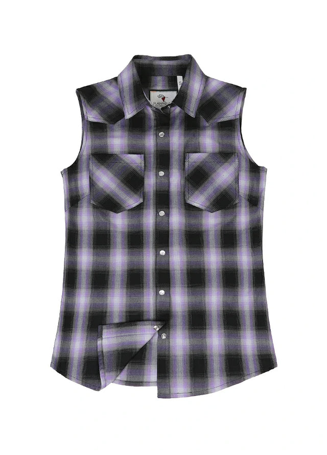 Front view of a women's purple black plaid summer soft sleeveless vest