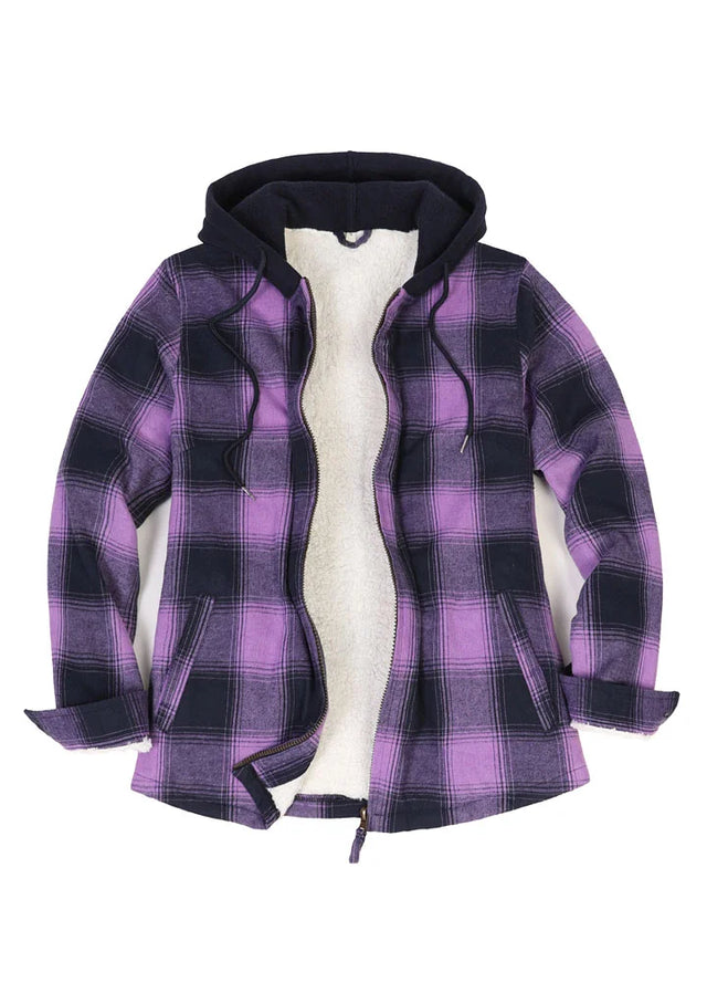 Front view of a women's purple full-zip flannel shirt jacket with fleece hood