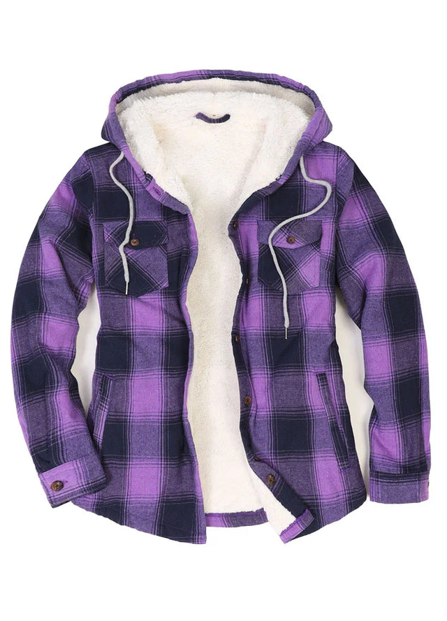 Front view of a women's purple winter cozy sherpa lined plaid flannel hooded