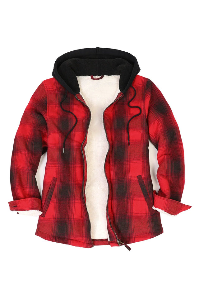 Women wearing a red full zip up plaid flannel plaid hooded