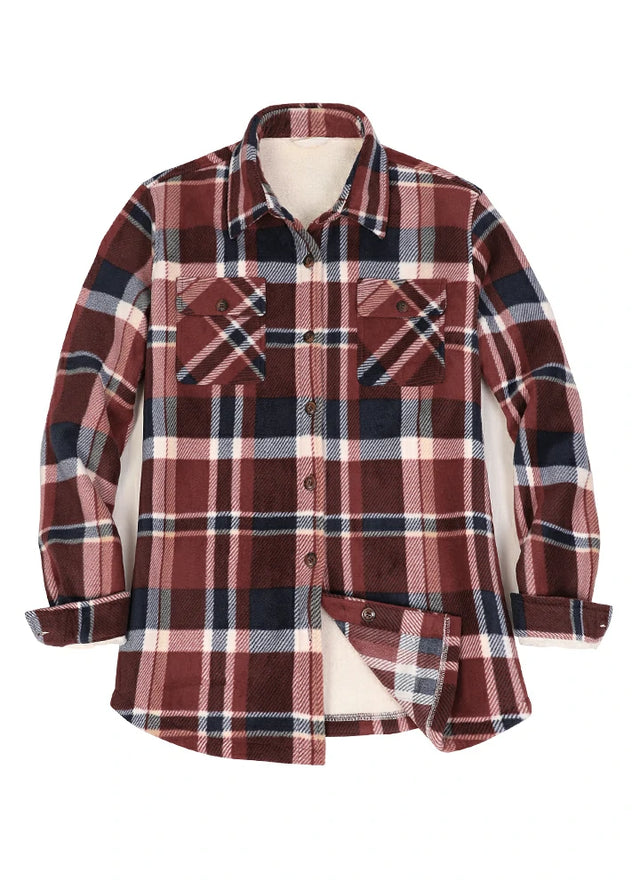 Front view of a women's red wood button up plaid shacket with sherpa lined
