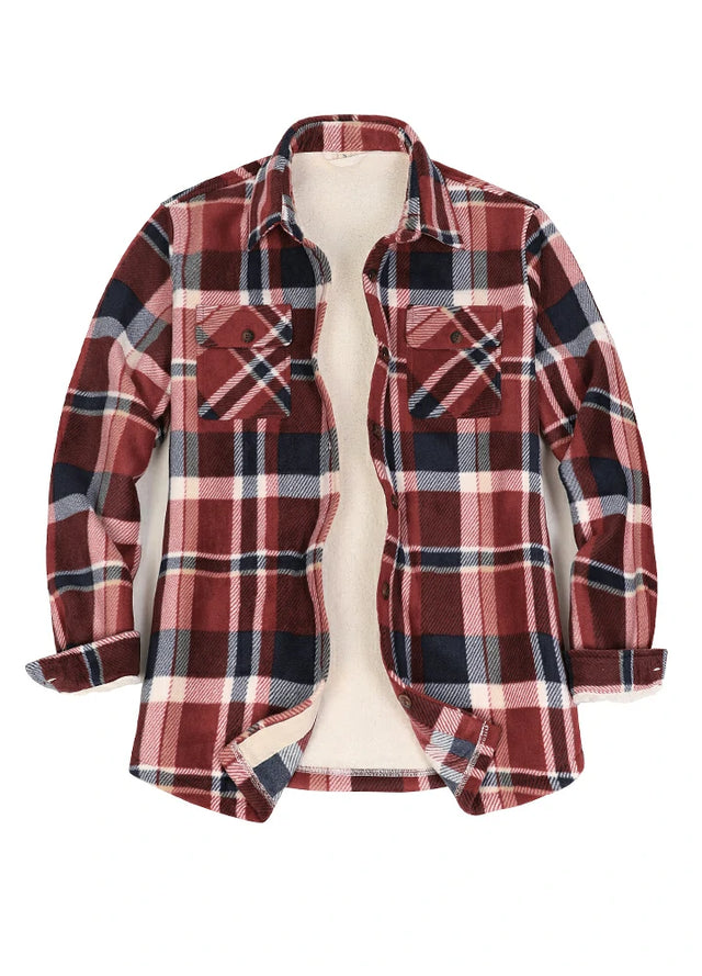 Front view of a women's red black wood sherpa-lined plaid shirt jacket