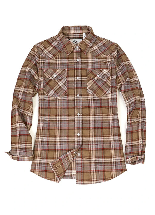 Front view of a women's snap button chocolate plaid cozy flannel shirt