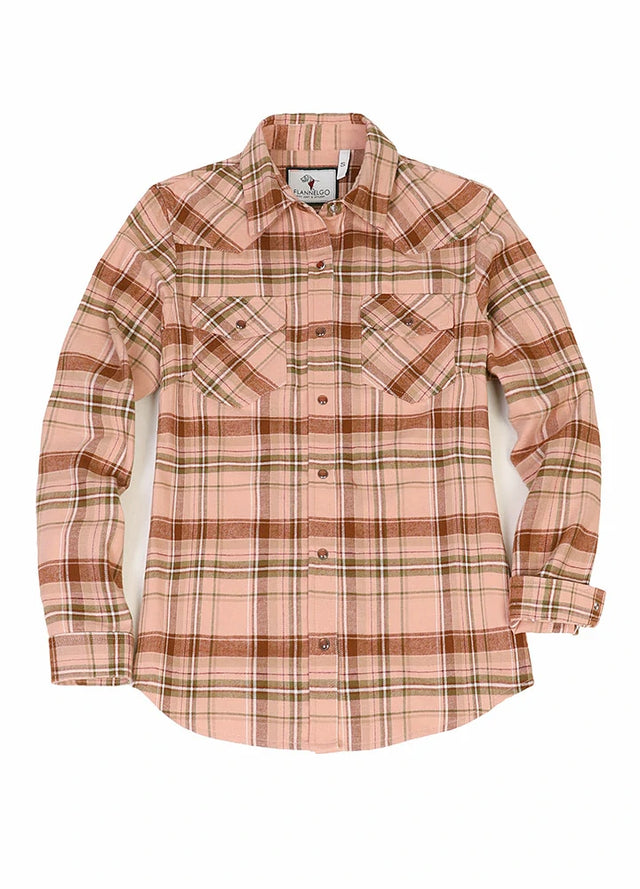 Front view of a women's snap button pink plaid cozy flannel shirt