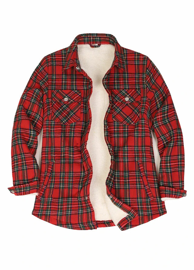 Front view of a women's snap sherpa lined red plaid flannel jacket