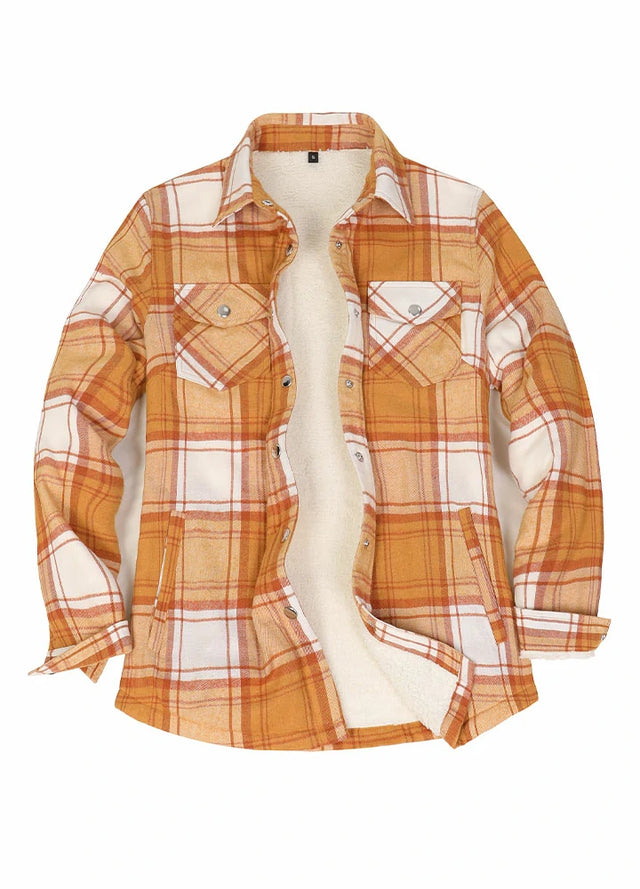 Front view of a women's snap sherpa lined yellow plaid flannel jacket