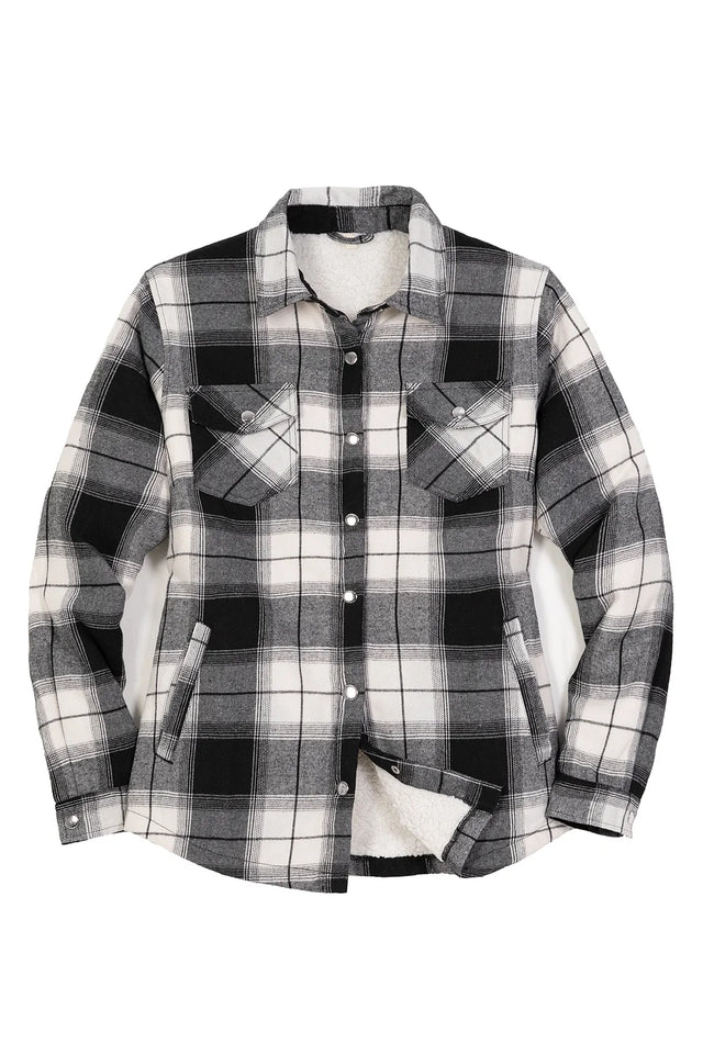 Front view of a women's snap sherpa lined white black flannel jacket