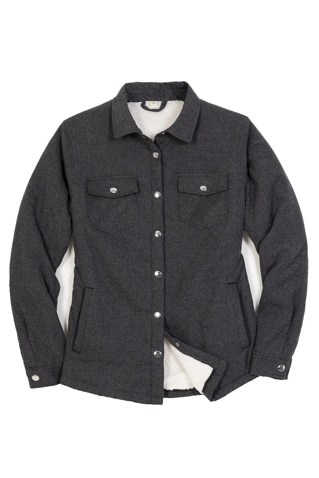 Front view of a women's snap sherpa lined solid gray flannel jacket