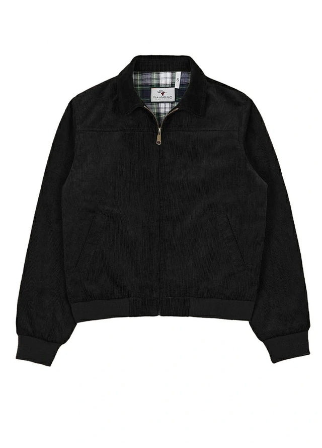 Front view of a women's warm black long-sleeves cozy corduroy jacket