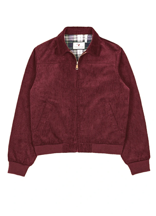 Front view of a women's warm burgundy long-sleeves cozy corduroy jacket