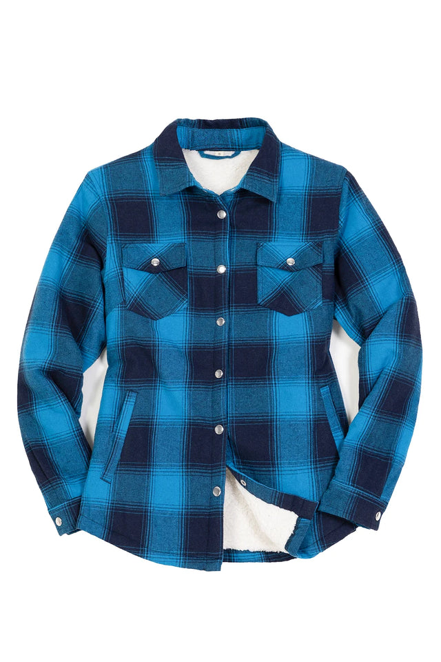 Front view of a women'ssnap sherpa lined blue black flannel jacket
