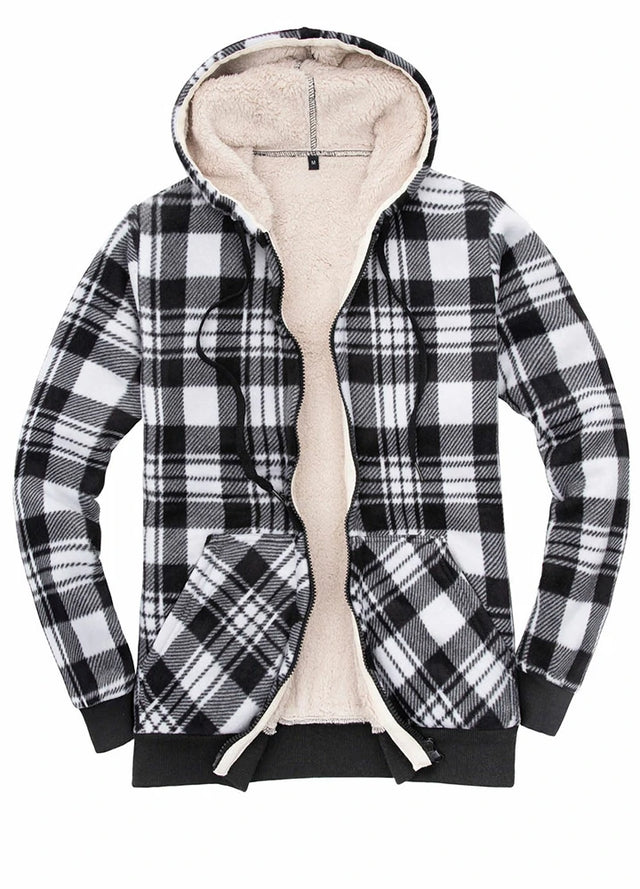 Front view of a womens black zip up sherpa lined plaid jacket with hood