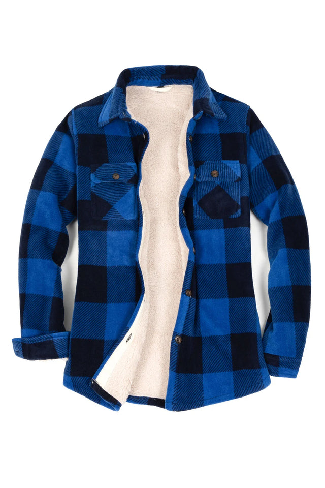 Front view of a womens blue black button up plaid shacket with sherpa lined