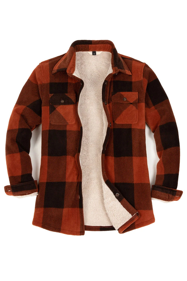 Front view of a womens dark brown button up plaid shacket with sherpa lined