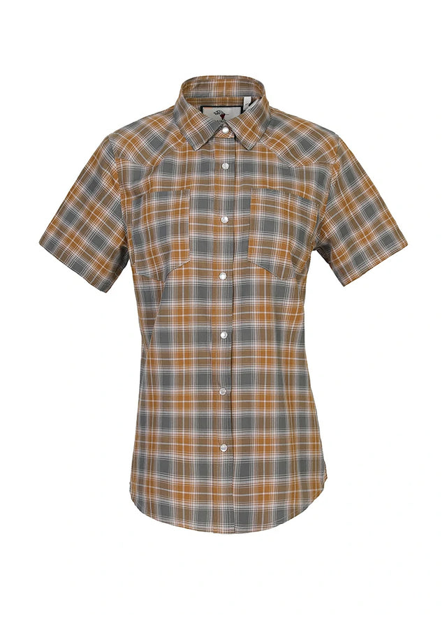 Front view of a womens brown gray plaid soft shirt with short sleeves