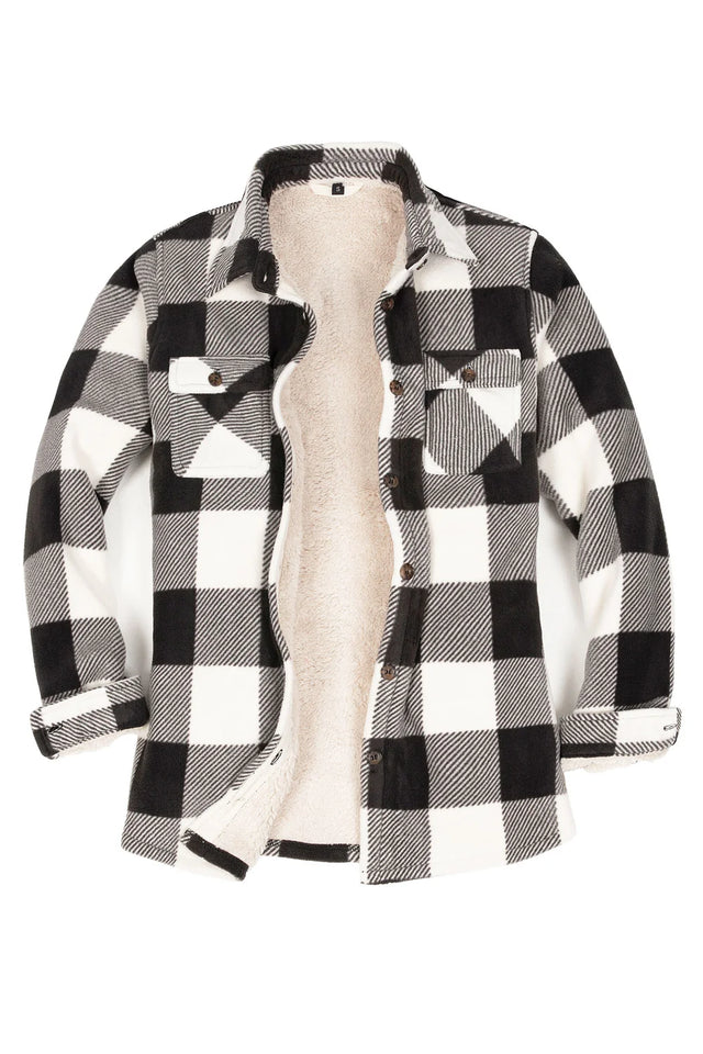 Front view of a womens black white sherpa-lined plaid shirt jacket