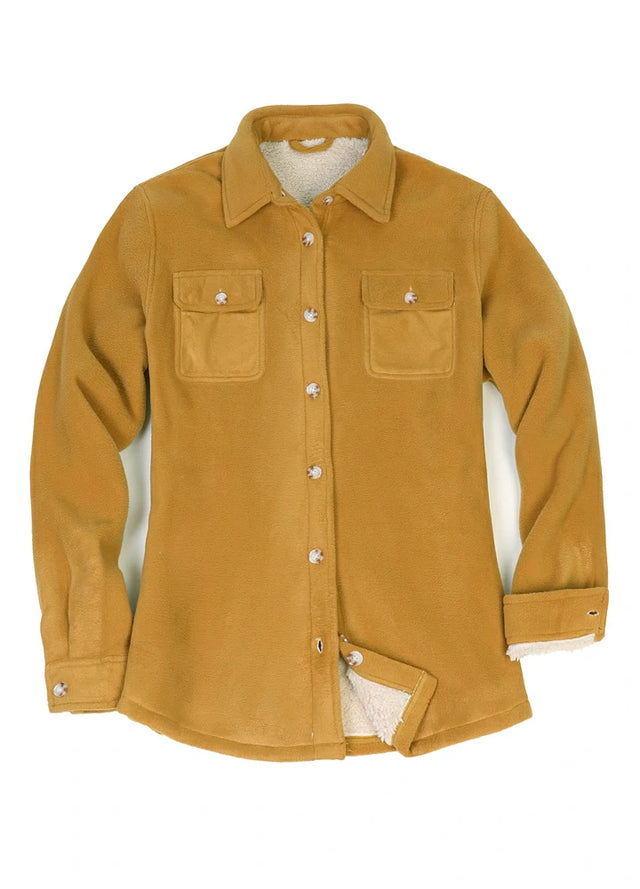 Front view of a women's yellow cozy sherpa-lined fleece shirt jacket