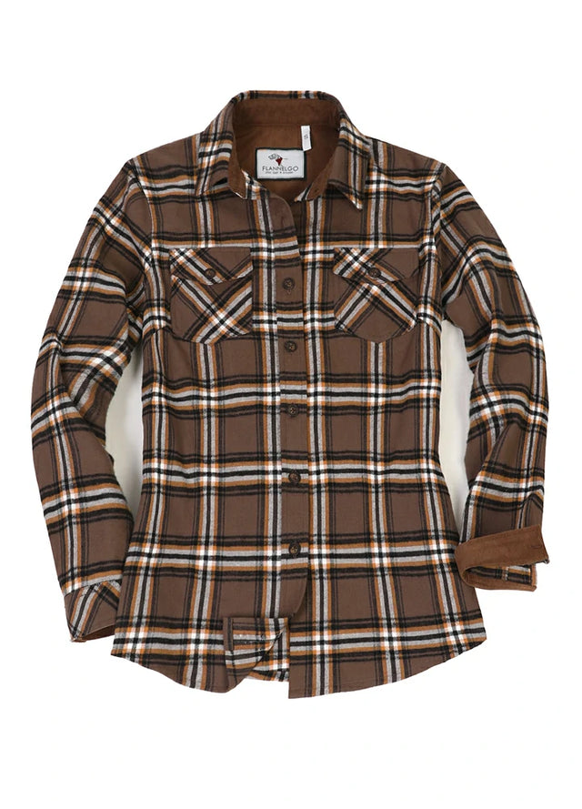 Front view of a womens chocolate plaid flannel shirt with button up