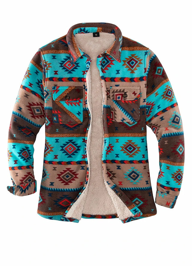 Front view of womens brown blue sherpa-lined Aztec fleece jacket