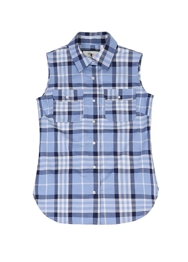 Front view of a womens blue plaid breathable cozy sleeveless vest