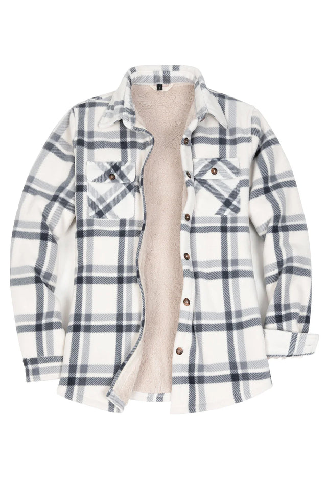Front view of a womens white button up plaid shacket with sherpa lined