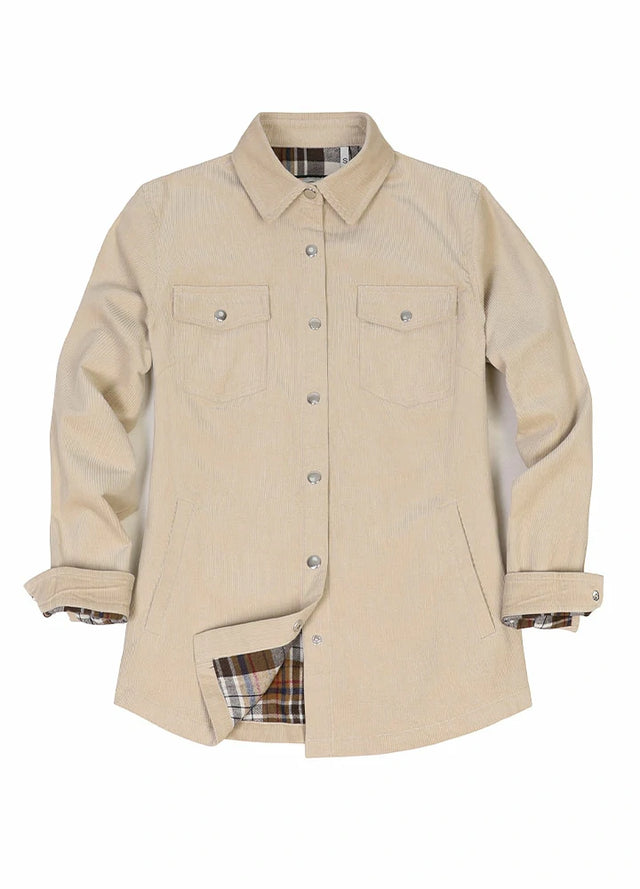 Front view of women's light khaki corduroy shirt jacket with chest pockets