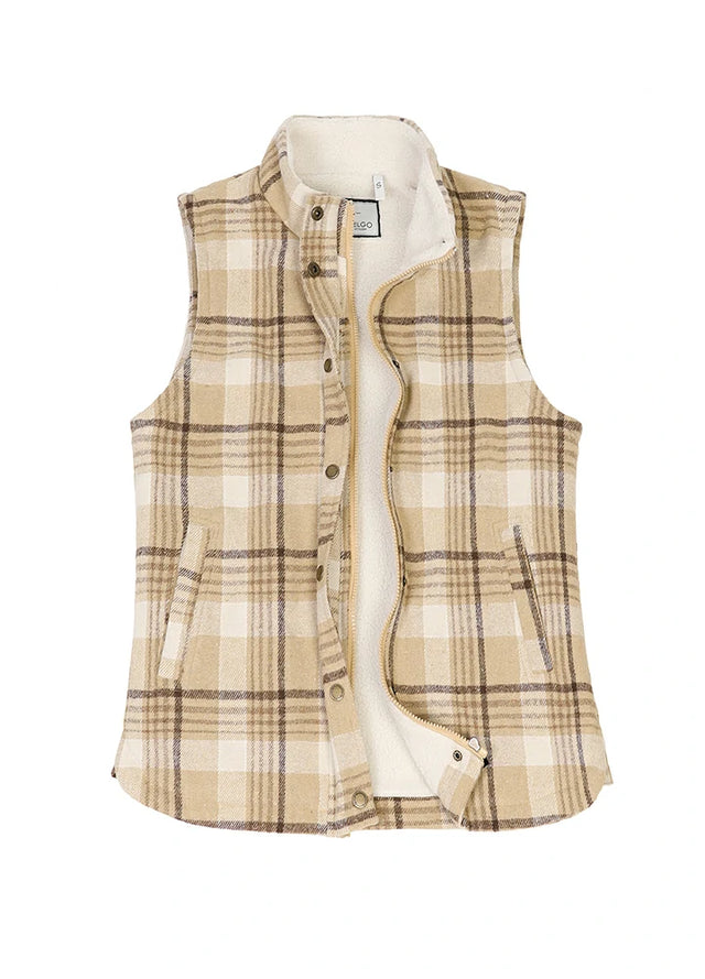 Front view of a womens light khaki full zip sherpa lined plaid vest