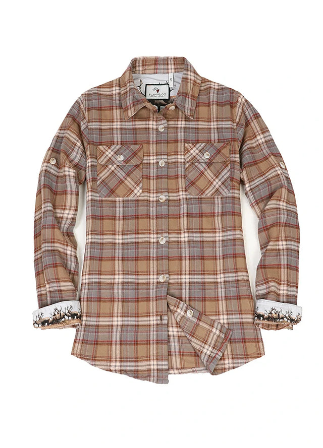 Front view of a womens long sleeve printed soft brown flannel shirt