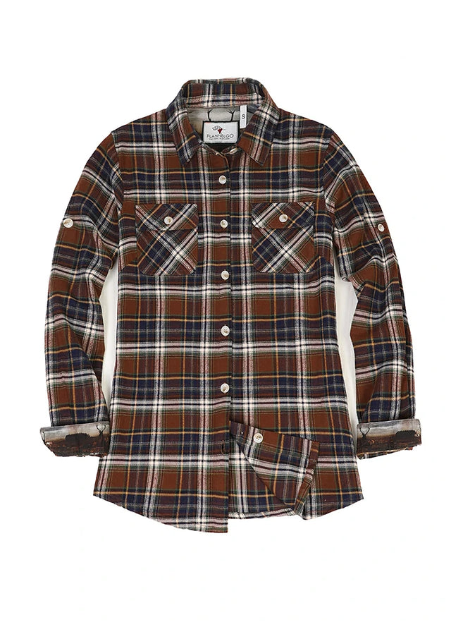 Front view of a womens printed soft chocolate plaid flannel shirt