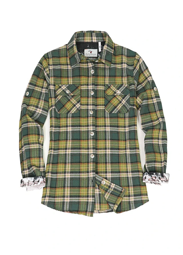 Front view of a womens printed soft forest green plaid flannel shirt