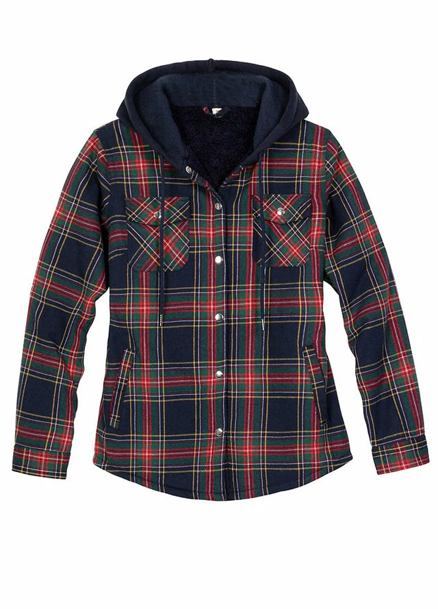 Front view of a womens navy red sherpa-lined flannel jacket with hood