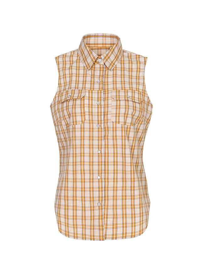 Front view of a womens orange white plaid breathable cozy sleeveless vest
