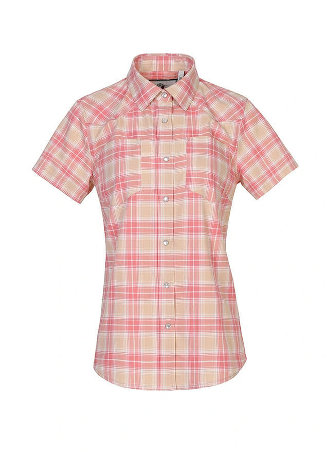 Front view of a womens pink plaid soft shirt with short sleeves