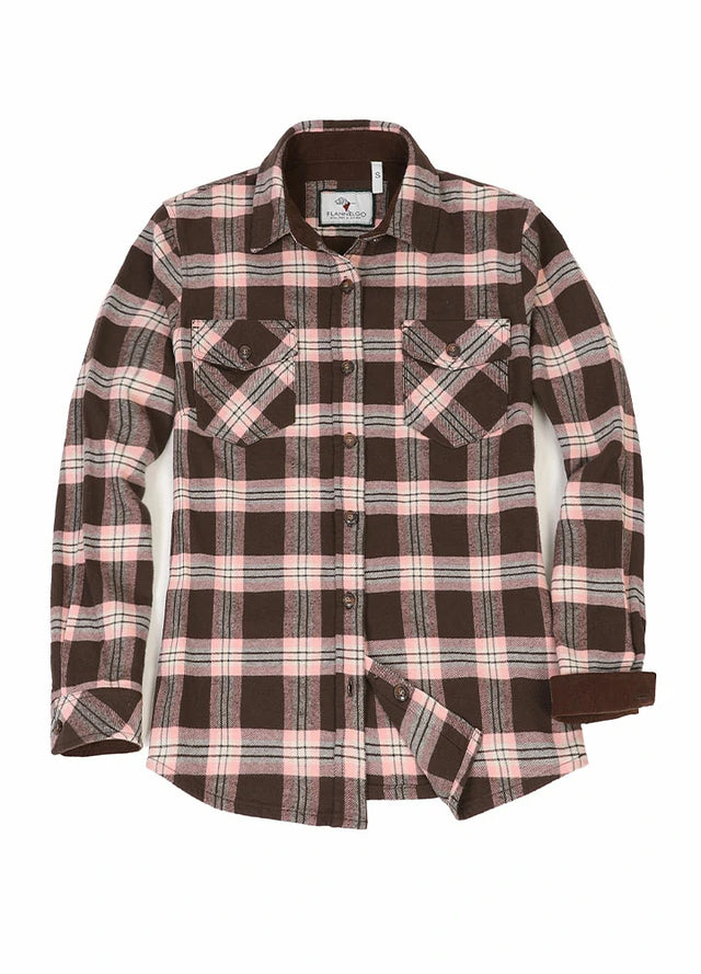 Front view of a womens pink chocolate plaid flannel shirt with button up