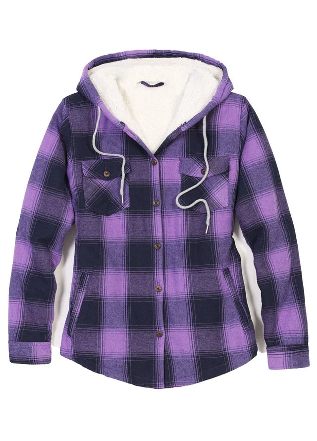Front view of a womens purple sherpa lined button up plaid jacket with hood