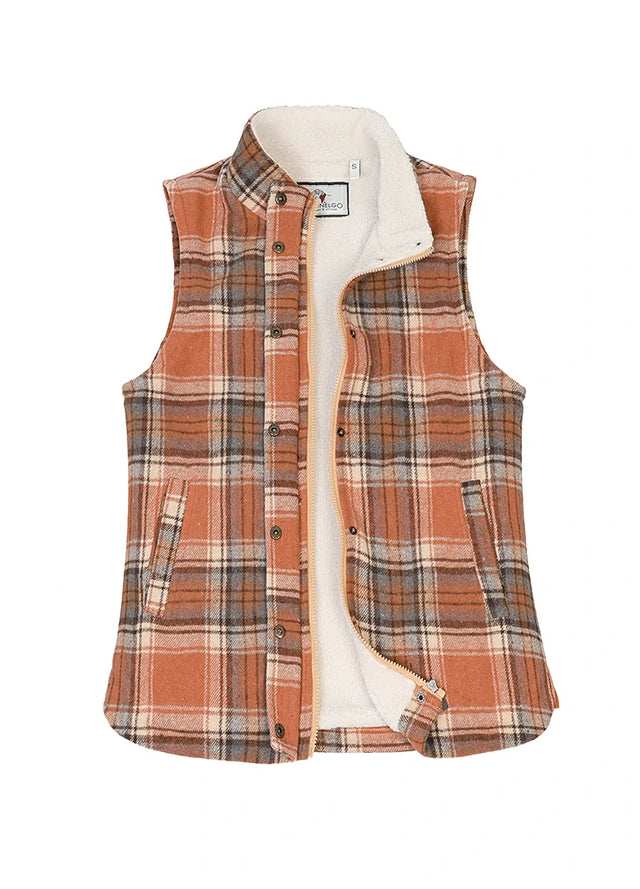 Front view of a womens orange full zip sherpa lined plaid vest