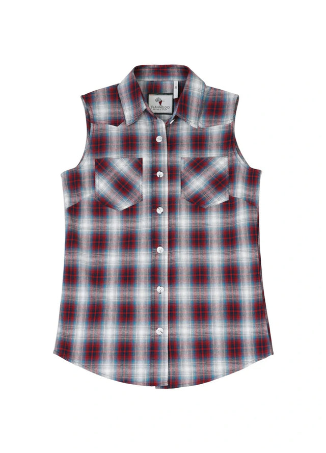Front view of a womens red white plaid summer soft sleeveless vest