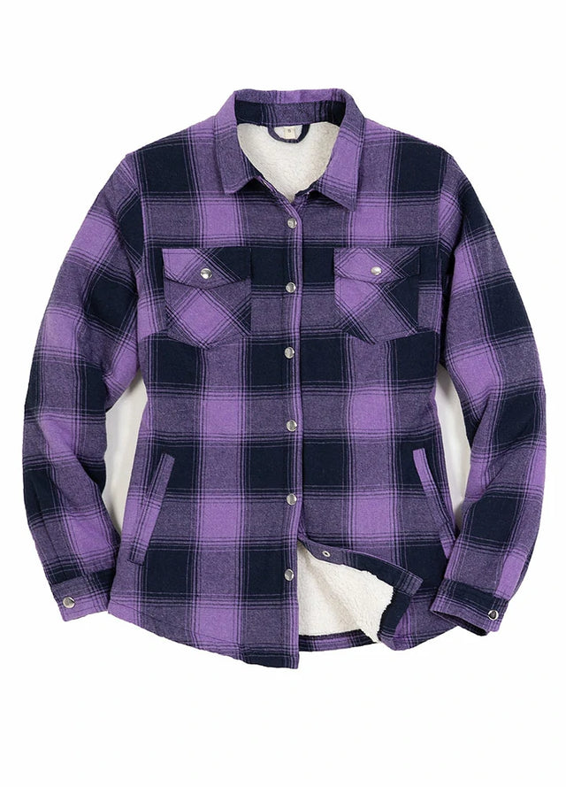 Front view of a women's snap sherpa lined purple plaid flannel jacket