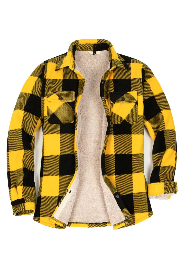 Front view of a womens yellow black sherpa-lined plaid shirt jacket