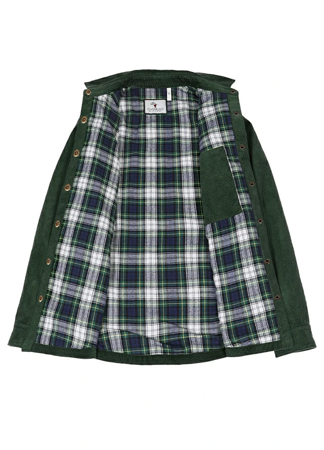 Front view of an women's opened dark green corduroy jacket with flannel lining